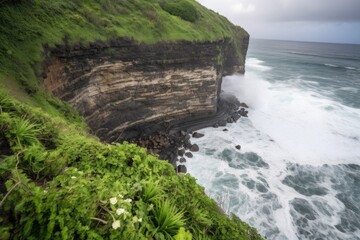 Canvas Print - cliff face with waves crashing against the rocks below, surrounded by lush greenery, created with generative ai