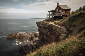 Canvas Print - rustic cabin perched on the edge of a cliff, with sweeping views of pristine coastline, created with generative ai