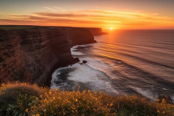 Poster - coastline with view of the sunset and cliffs in the background, created with generative ai