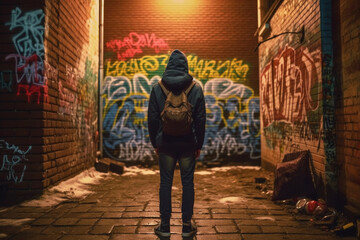 teenager on the city street from the back. Generative AI