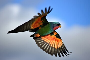Wall Mural - colorful bird in flight, its wingspan visible against the sky, created with generative ai