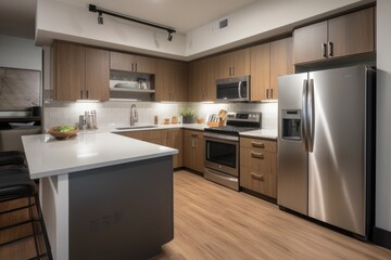 Wall Mural - kitchen with energy-efficient appliances, including smart refrigerator and induction cooktop, created with generative ai