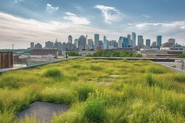 Wall Mural - green rooftops with view of the city skyline, showcasing urban landscape, created with generative ai