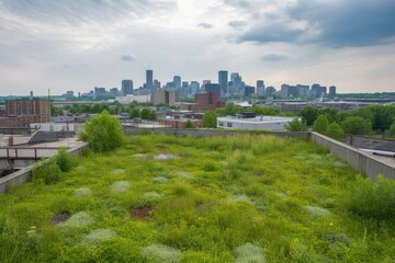 Wall Mural - green rooftops with view of the city skyline, showcasing urban landscape, created with generative ai