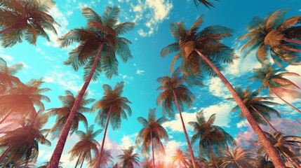 Wall Mural - Low angle view of aquamarine sky palm trees, with blue sky and white cloud in the background. Created with Generative Ai Technology
