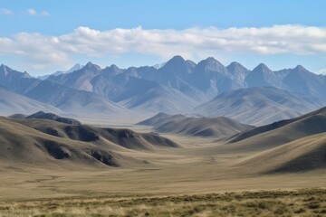 Poster - mountain range, with rolling hills and tall peaks in the background, created with generative ai