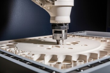 Sticker - robot, printing small part using selective laser sintering technology, created with generative ai