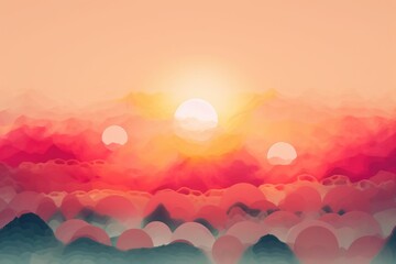 Wall Mural - abstract and surreal landscape with misty sunrise, featuring the sun peeking over the horizon, creat