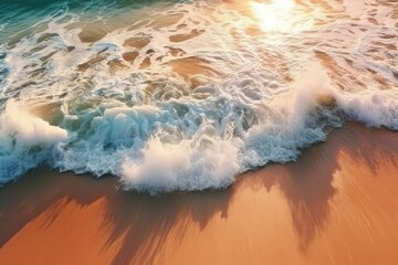 Wall Mural - A sandy beach with waves under sunset lighting. Beautiful natural beach. Created with Generative Ai Technology