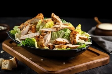 Wall Mural - tasty chicken caesar salad on wooden or metal serving board, created with generative ai