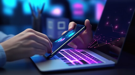 Top view of business man hands working on laptop or tablet pc on. Generative Ai