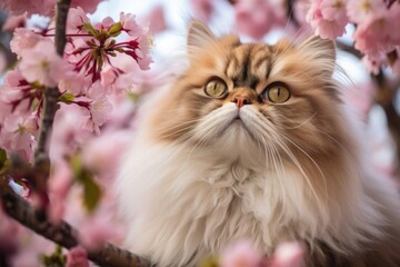 Medium shot portrait photography of a cute persian cat begging for food against a blooming spring garden. With generative AI technology