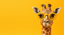 Cute Giraffe In Trendy Yellow Glasses, Isolated On Yellow Background With Copyspace. Generative AI