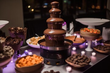 Poster - chocolate fountain in the center of a party, surrounded by plates and napkins, created with generative ai