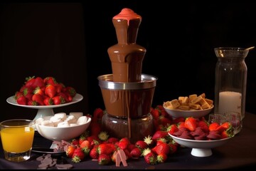Wall Mural - chocolate fountain with strawberries and marshmallows for sweet and fruity twist, created with generative ai