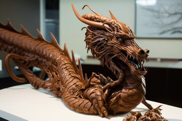 Canvas Print - chocolate sculpture of a dragon, with intricate details and flowing lines, created with generative ai