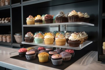Wall Mural - display of classic and gourmet cupcakes with mix-and-match frostings, toppings and cake flavors, created with generative ai
