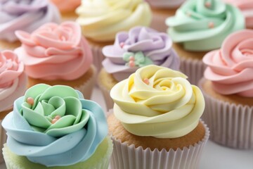 Wall Mural - colorful and pastel cupcakes for springtime or baby shower, created with generative ai