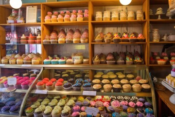 Wall Mural - baked goods store, with shelves of colorful and creative cupcakes for customers to choose from, created with generative ai