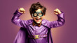 young boy in a superhero costume, striking a triumphant pose with a wide grin, Generative AI
