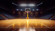 Inside of modern basketball arena with wooden court. Postproducted generative AI illustration.