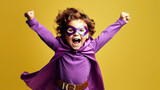 young boy in a superhero costume, striking a triumphant pose with a wide grin, Generative AI