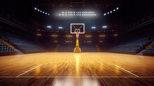 Inside Of Modern Basketball Arena With Wooden Court. Postproducted Generative AI Illustration.