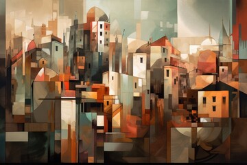 Poster - cubist cityscape, with buildings and street scenes reimagined in a unique and abstract way, created with generative ai