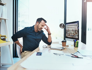 Aufkleber - Businessman with back pain, injury and headache from stress in the office while working on project. Medical emergency, healthcare and mature male employee with migraine and sprain muscle in workplace