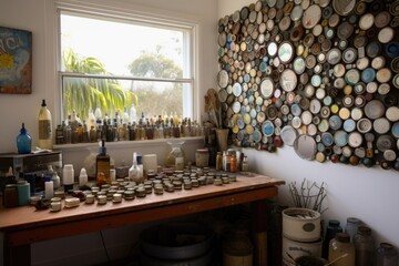 Wall Mural - showcase of upcycled items, including lamps, baskets, and vases, created with generative ai