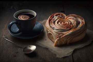 Wall Mural - heart-shaped cinnamon roll next to cup of coffee, ready for breakfast, created with generative ai
