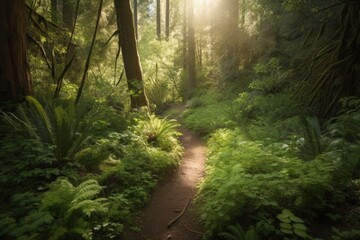 Sticker - hiking trail leading through lush forest, with sunlight filtering through the trees, created with generative ai