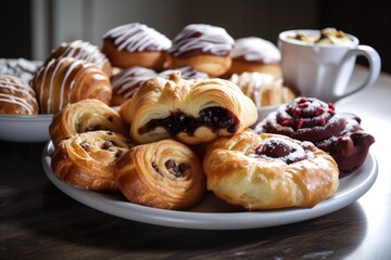 Wall Mural - plate of pastries, including croissants and danish rolls, drizzled with icing or chocolate, created with generative ai
