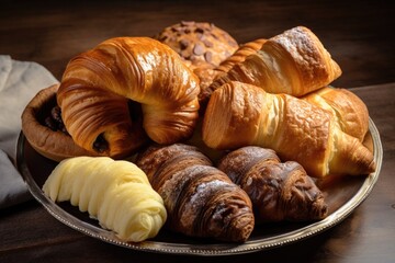 Poster - plate of croissants, with variety of pastries and confections for the eyes and tastebuds, created with generative ai