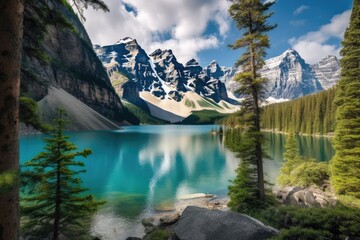 Canvas Print - pristine mountain lake surrounded by towering peaks and greenery, created with generative ai