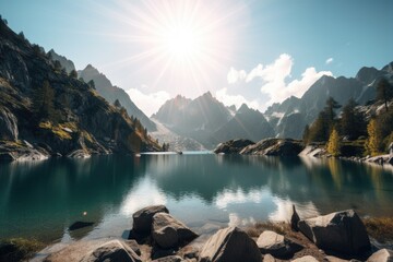 Poster - summer sun shining on alpine lake, surrounded by majestic peaks, created with generative ai