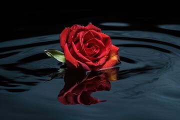 Canvas Print - a red rose floating in a pool of water, created with generative ai