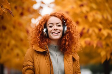 Poster - Conceptual portrait photography of a grinning girl in her 30s listening to music with headphones against an autumn foliage background. With generative AI technology