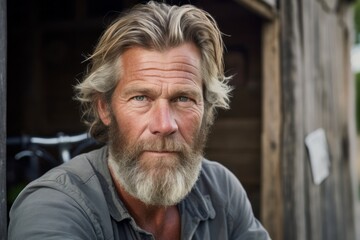 Close-up portrait photography of a tender mature man riding a bike against a rustic barn background. With generative AI technology