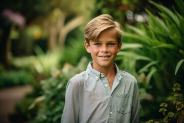 Wall Mural - Close-up portrait photography of a grinning boy in his 30s walking against a lush garden background. With generative AI technology