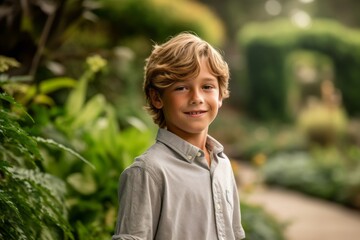 Wall Mural - Close-up portrait photography of a grinning boy in his 30s walking against a lush garden background. With generative AI technology