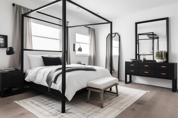 Wall Mural - decluttered bedroom, with clean and minimalist design, featuring white walls and black accents, created with generative ai