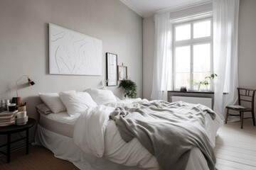 Wall Mural - decluttered bedroom with crisp white sheets and minimalistic decor, created with generative ai