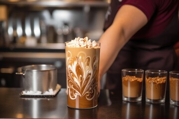 Poster - barista preparing iced coffee with decorative swirl, hearts and stars, created with generative ai