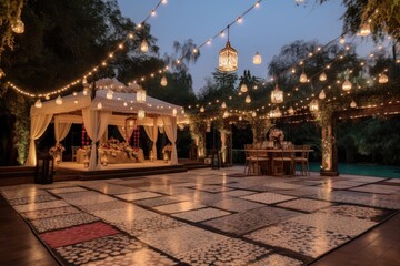 Wall Mural - luxurious outdoor dance floor surrounded by twinkle lights and lanterns for magical evening, created with generative ai