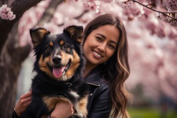 Wall Mural - Headshot portrait photography of a glad girl in her 30s walking a dog against a cherry blossom background. With generative AI technology