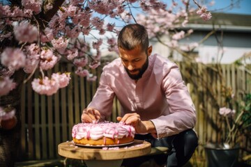 Wall Mural - Medium shot portrait photography of a satisfied boy in his 30s making a cake against a cherry blossom background. With generative AI technology