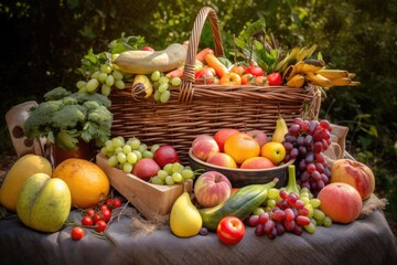 Canvas Print - picnic basket overflowing with fresh fruits and vegetables, created with generative ai