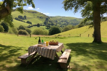 Poster - picnic setting with stunning view of rolling hills, babbling brook and warm sunshine, created with generative ai