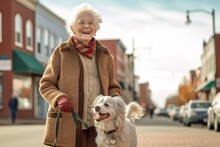 Medium Shot Portrait Photography Of A Joyful Old Woman Walking With A Dog Against A Small Town Main Street Background. With Generative AI Technology